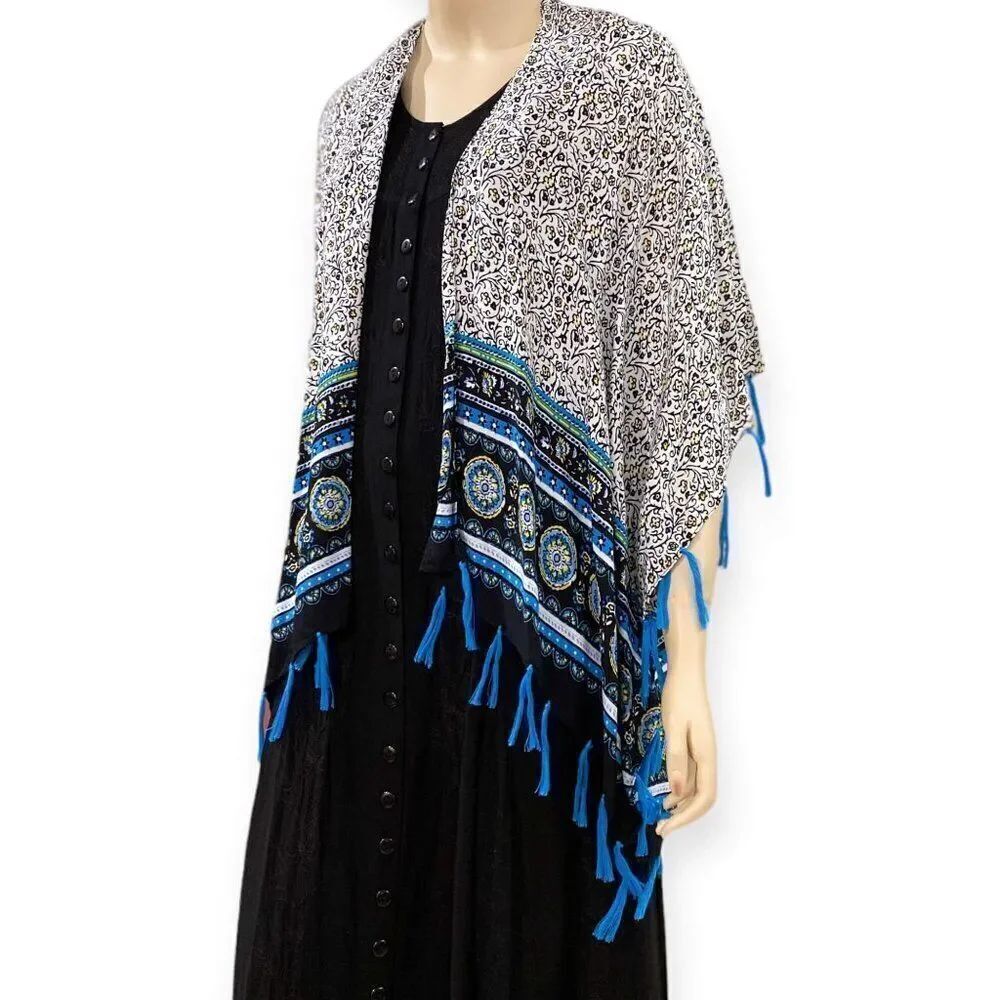Boho Blue Paisley Medallion Tassel Trim Kimono Cover NEW